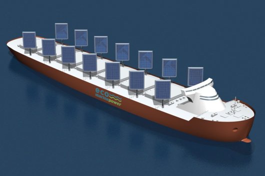 Illustration of  Eco Marine Power's Aquarius Eco Ship, featuring the company's patented EnergySail rigid sail technology.