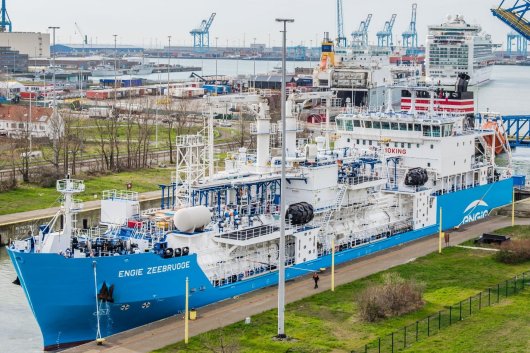 The LNG bunkering vessel Engie Zeebrugge at its home port of Zeebrugge.