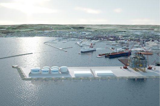 In addition to bunker deliveries, slops collection and oil spill response services are to also be performed at the new Frederikshavn marine fuel terminal. Pictured is an illustration of how the facility will look.