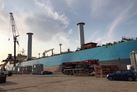 Two 30mx5m Norsepower rotor sails have been fitted on board the product tanker Maersk Pelican in Rotterdam.