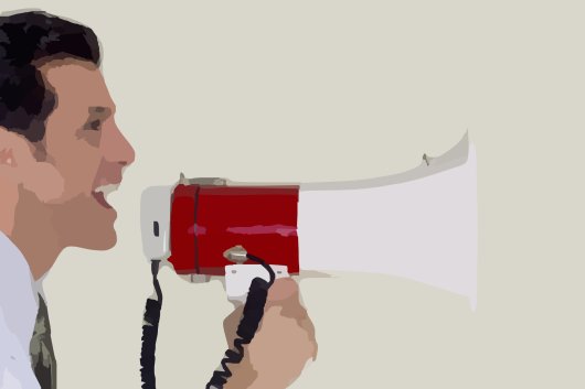 Illustration of a man in shirt and tie speaking through megaphone.