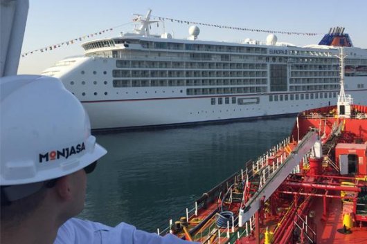 Monjasa delivery vessel approaches a cruise ship.