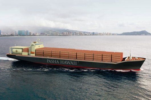 Rendering of Pasha Hawaii's Ohana-class LNG-fuelled containership. Two ships, fitted with ME-GI engines, are scheduled to be launched in 2020.