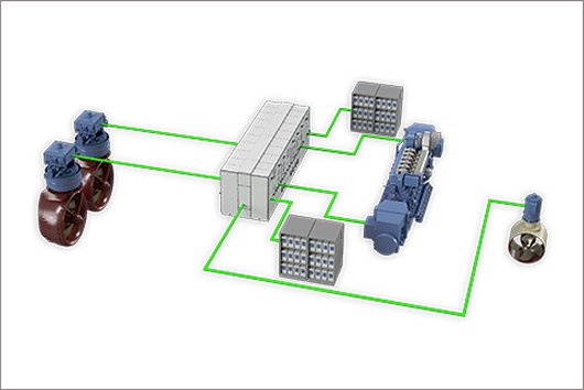 Illustration of a ship system setup with batteries. This example shows a hybrid system for a tugboat.