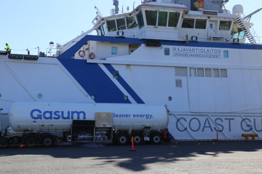 Gasum supplies the Finnish Border Guard's vessel, Turva, with biogas in Helsinki trial delivery on April 1, 2021.