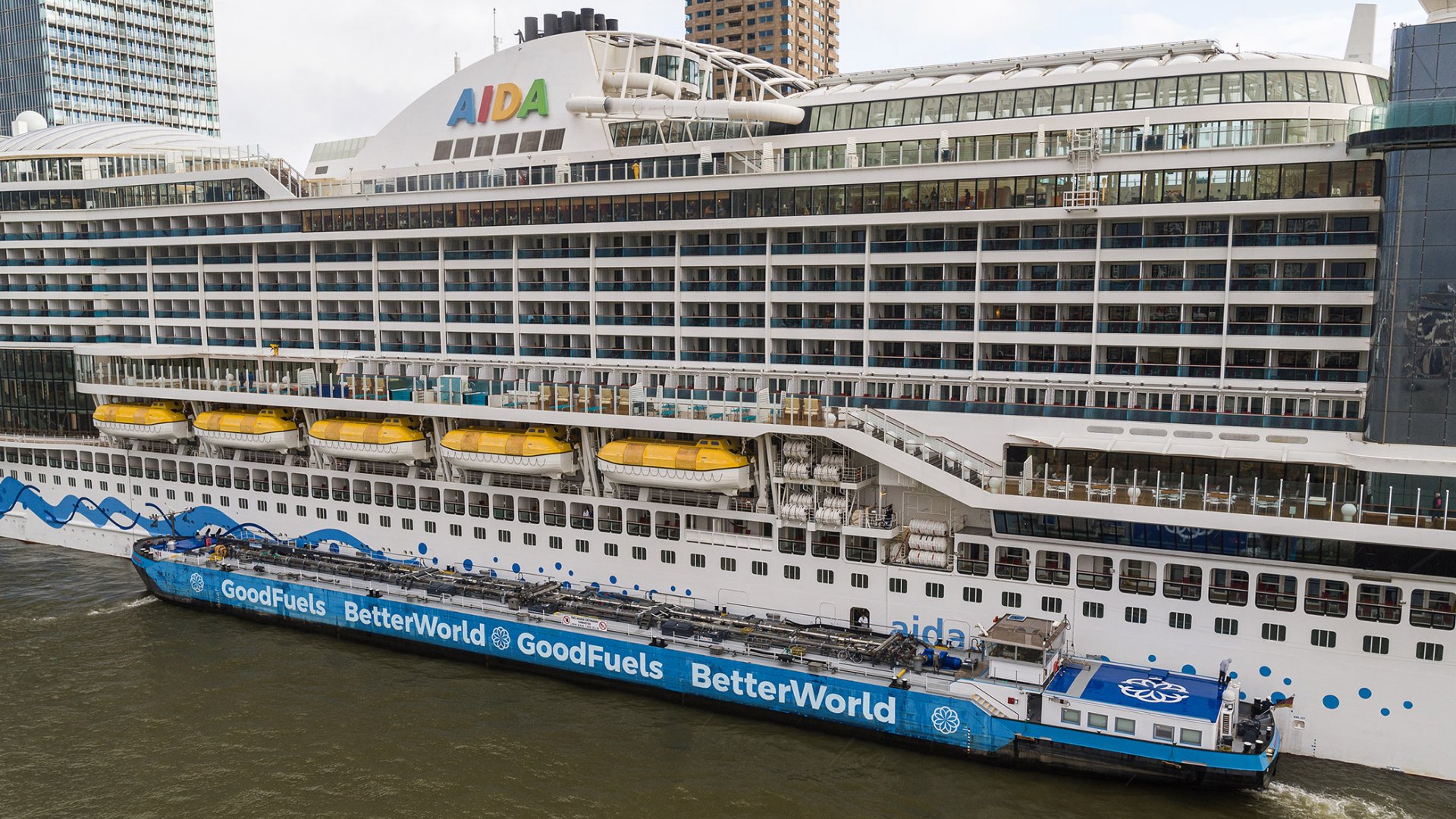 The GoodFuels 'BetterWorld' bunker barge alongside AIDA Cruises' AIDAprima during the delivery of 140mt of 100% biofuel on December 8, 2022.