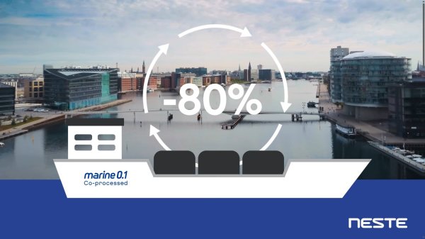 Neste graphic highlighting the company's statement that its co-processed marine fuels provide a GHG emission reduction of up to 80% compared to fossil fuels.