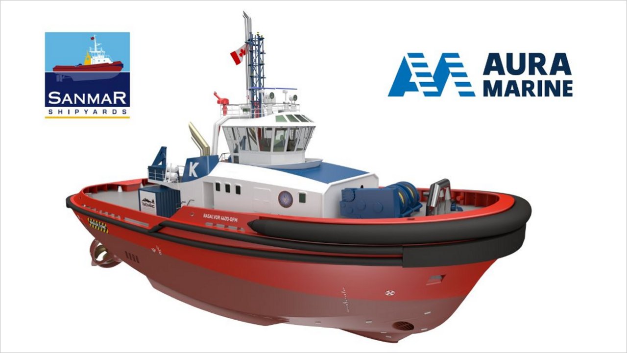 Illustration of Kotug tugboat and the logos of Auramarine and Sanmar Shipyards.