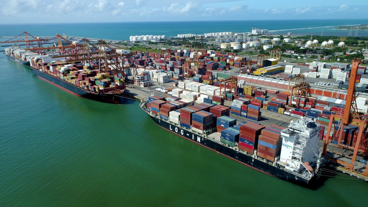 Ships at the Tecon container terminal at the Port of Suape, Brazil.