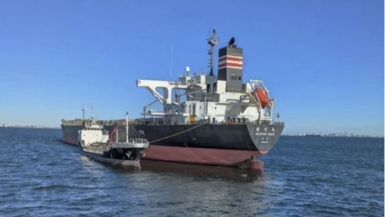 Pictured: Biofuel is supplied to NYK Line's Noshiro Maru. The vessel tested biofuel for Tohoku Electric Power in a landmark first for Japan.