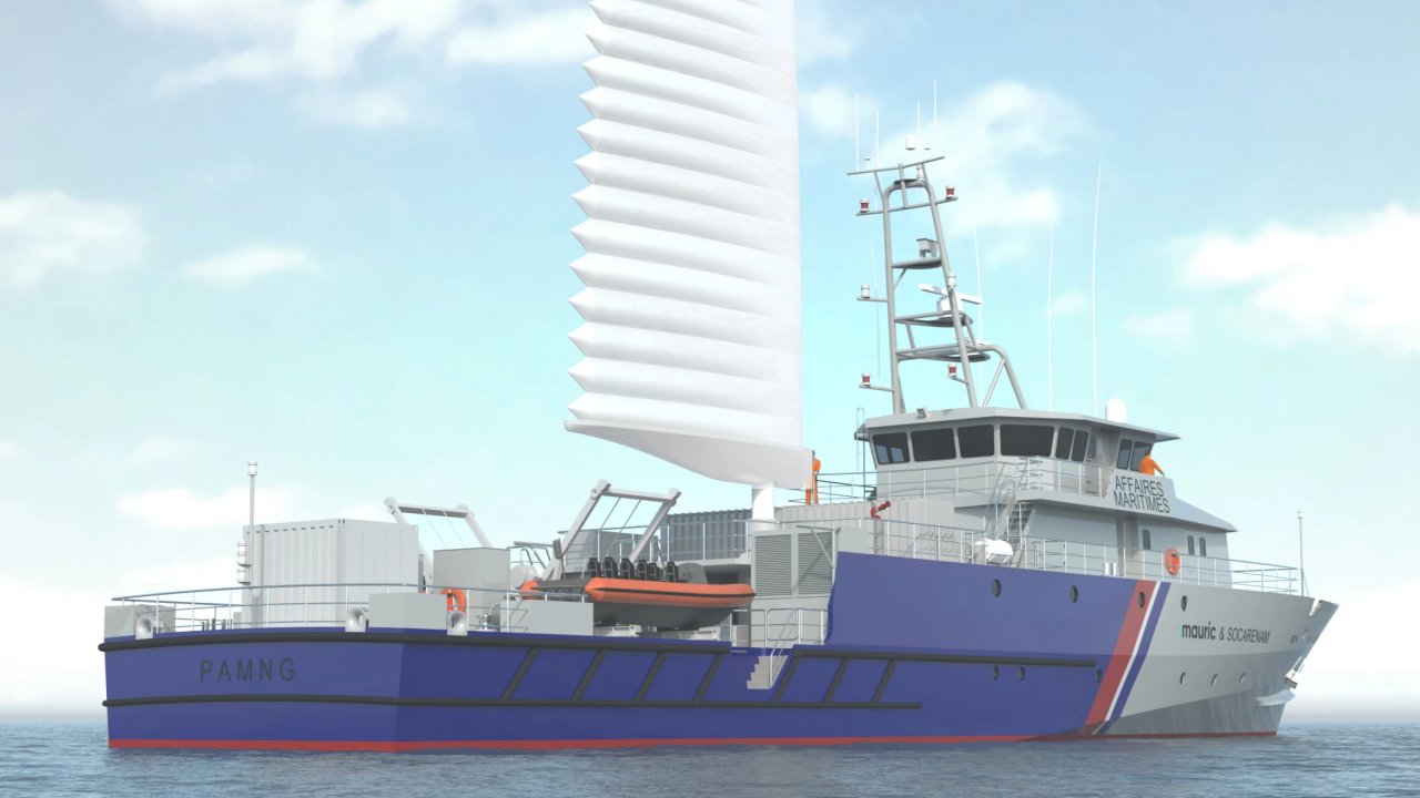 Ship design for a French patrol vessel with wind-assisted propulsion.
