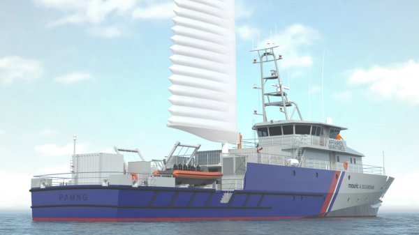 Ship design for a French patrol vessel with wind-assisted propulsion.