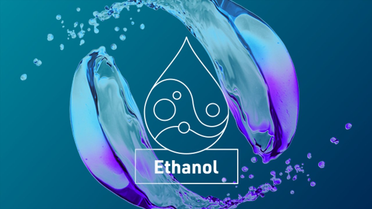 Illustration of liquid with the word 'Ethanol' inside rectangle.