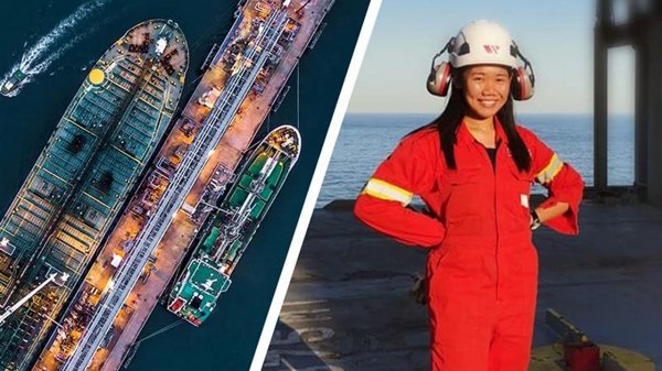 Aerial view of ships next to seafarer.