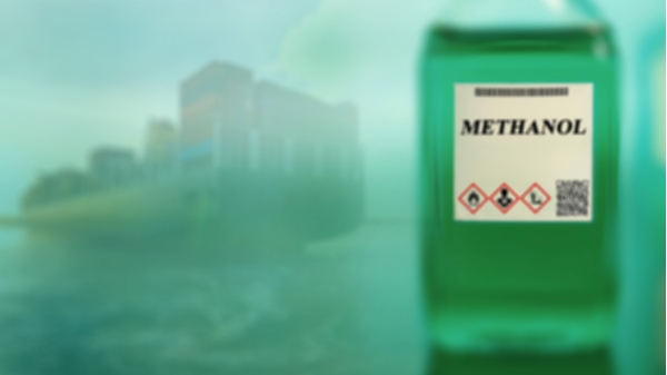 Illustration of methanol chemical container in front of a cargo ship.
