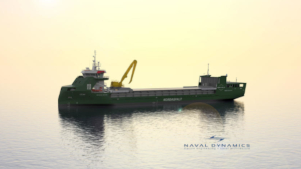 Hydrogen-powered cargo vessel illustration.