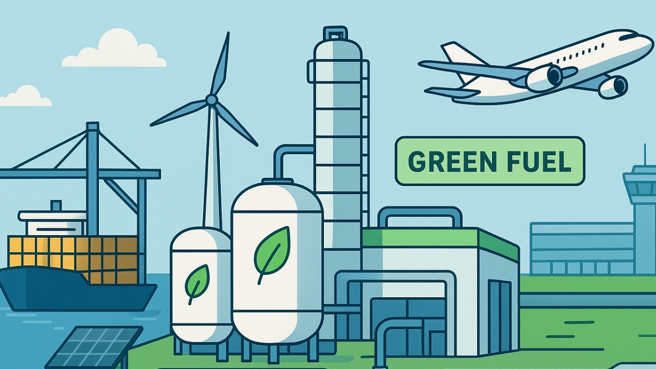 Illustration of green fuel production for ships and aircraft.