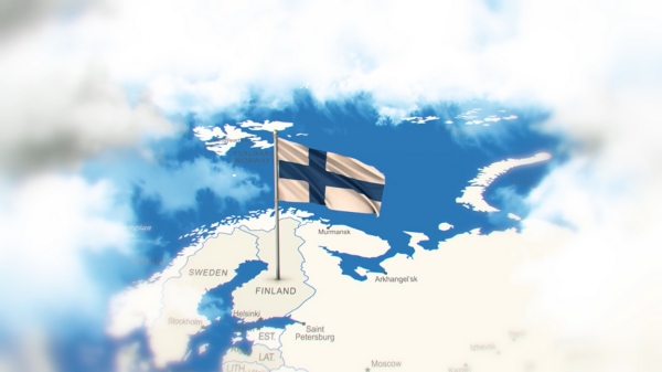 Northern Europe map with the Finnish flag placed over Finland.