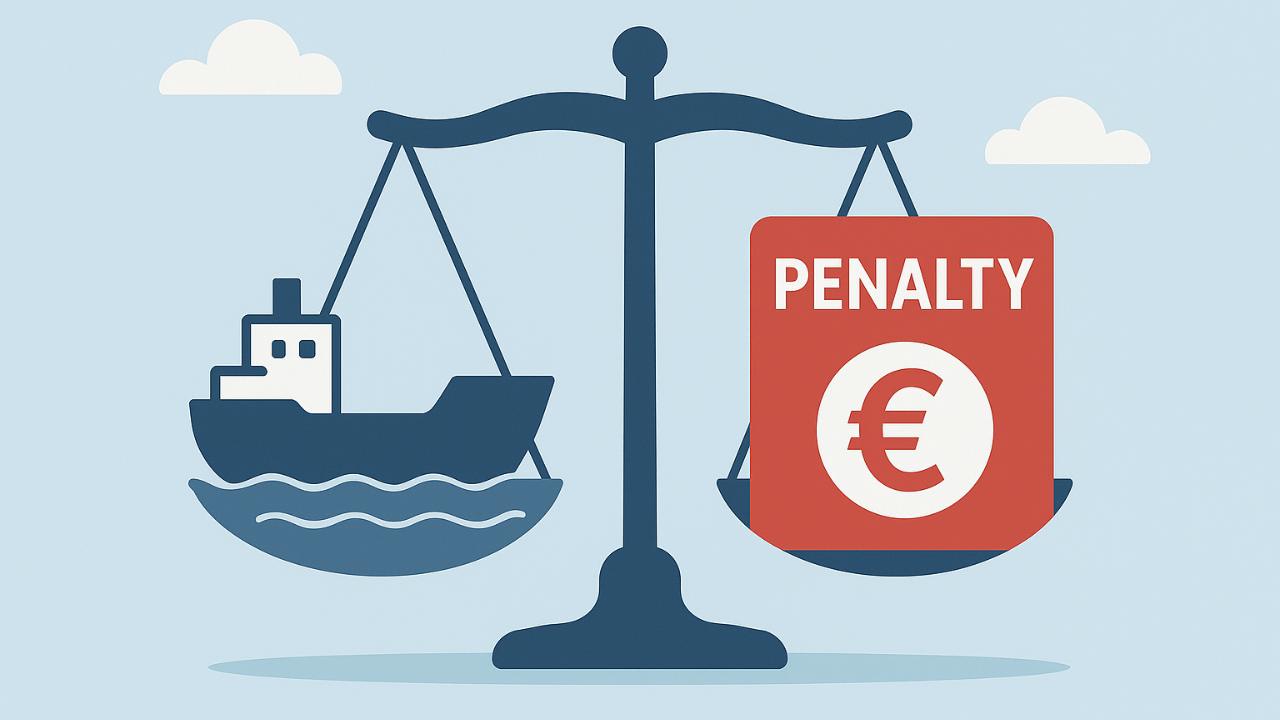 Illustration of Scales of Justice with cargo ship and penalty block.