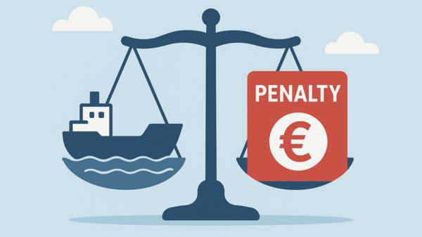 Illustration of balance scale with cargo ship and penalty block.