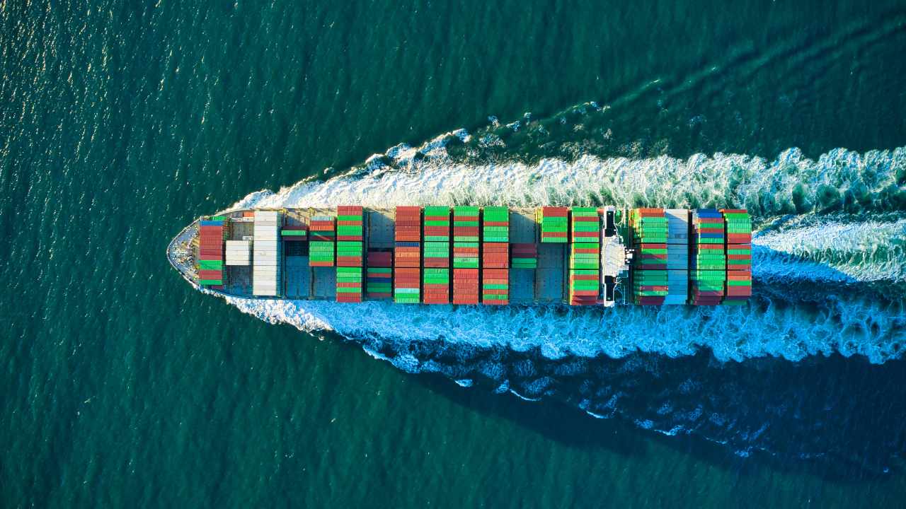 Aerial view of a container vessel.
