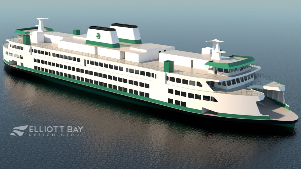 Washington State Hybrid-Electric 160-Auto Ferry vessel render.