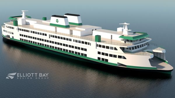 Washington State Hybrid-Electric 160-Auto Ferry vessel render.