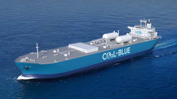 LCO₂ carrier vessel render.