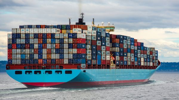 Side view of a cargo vessel.