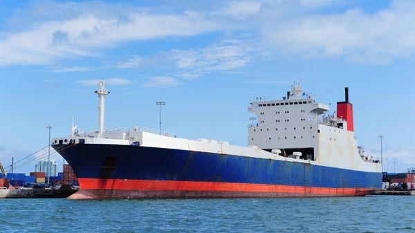 Cargo ship docked at Miami Harbor.