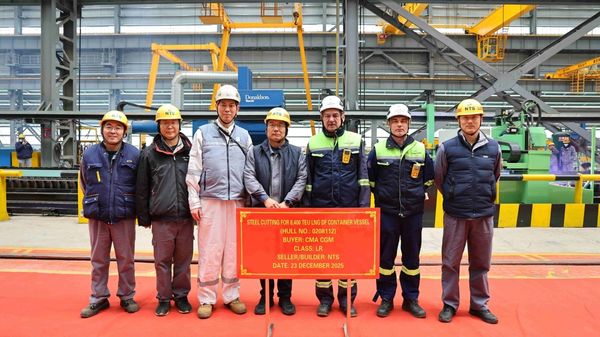 Steel cutting ceremony for CMA CGM’s 8,400-teu LNG dual-fuel container vessel.