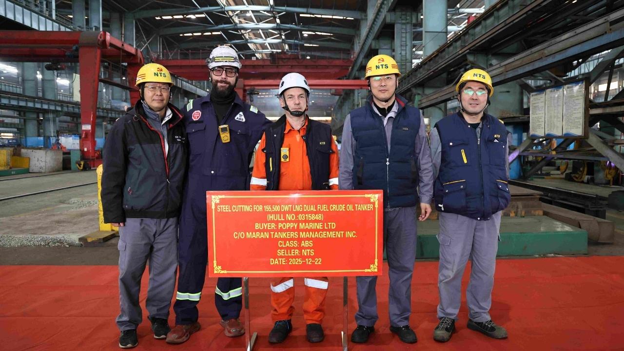 Steel cutting ceremony of a 155,500-dwt LNG dual-fuel crude oil tanker with builder's hull no. 0315848.
