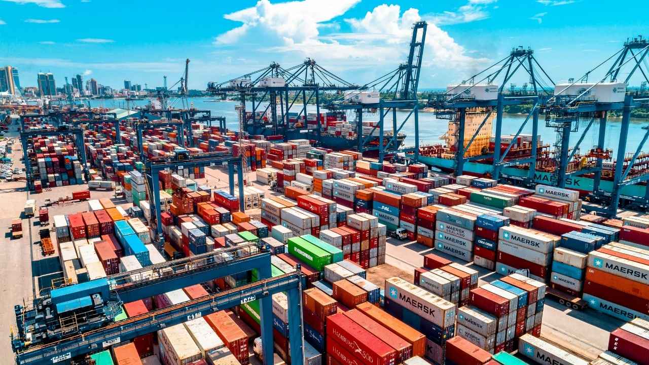 Container terminal with stacked containers.