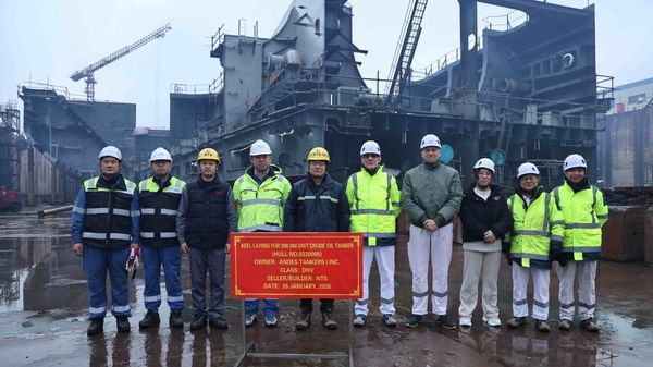 Keel-laying ceremony of a 155,500-dwt LNG dual-fuel crude oil tanker with builder's hull no. 0330005.