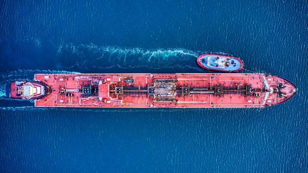 Aerial view of tanker vessel at sea.