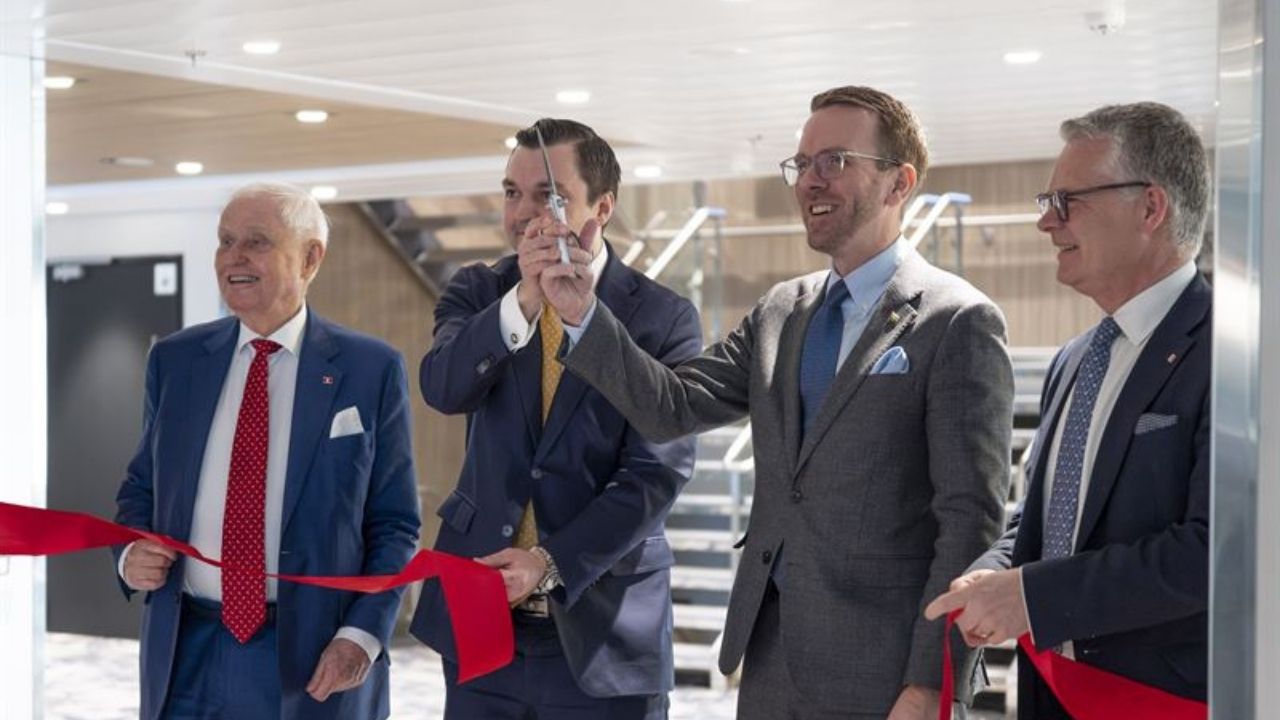 Officials during a ribbon-cutting ceremony at Stena Line.