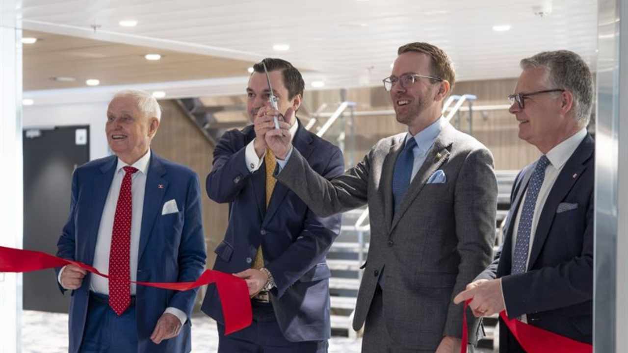 Officials during a ribbon-cutting ceremony at Stena Line.