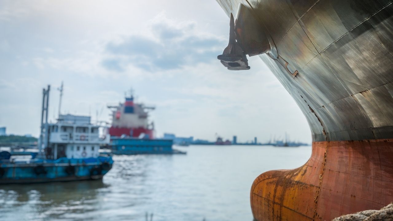 Close-up of a vessel bow at port.