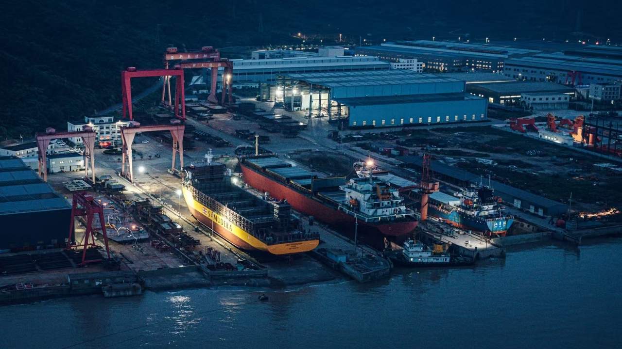 Aerial view of Zhejiang Xinle Shipbuilding shipyard facility.
