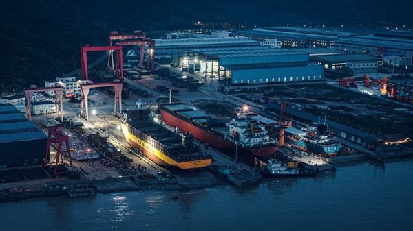 Aerial view of Zhejiang Xinle Shipbuilding shipyard facility.