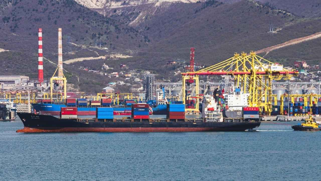 Container ship near a port.