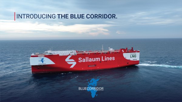 Photograph of Sallaum Lines' Ocean Breeze vessel with 'Introducing The Blue Corridor' overlaid text.
