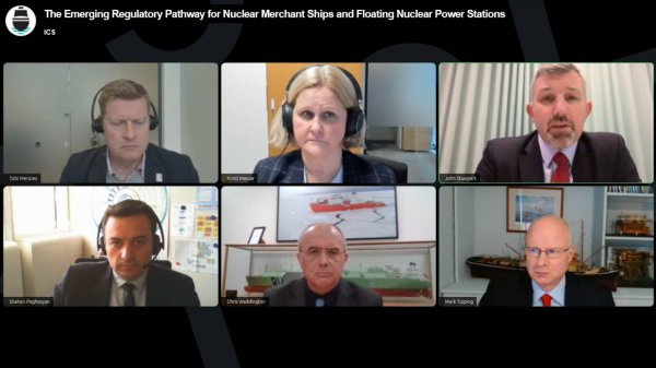 Screenshot from ICS webinar exploring a regulatory framework for nuclear-powered merchant ships.