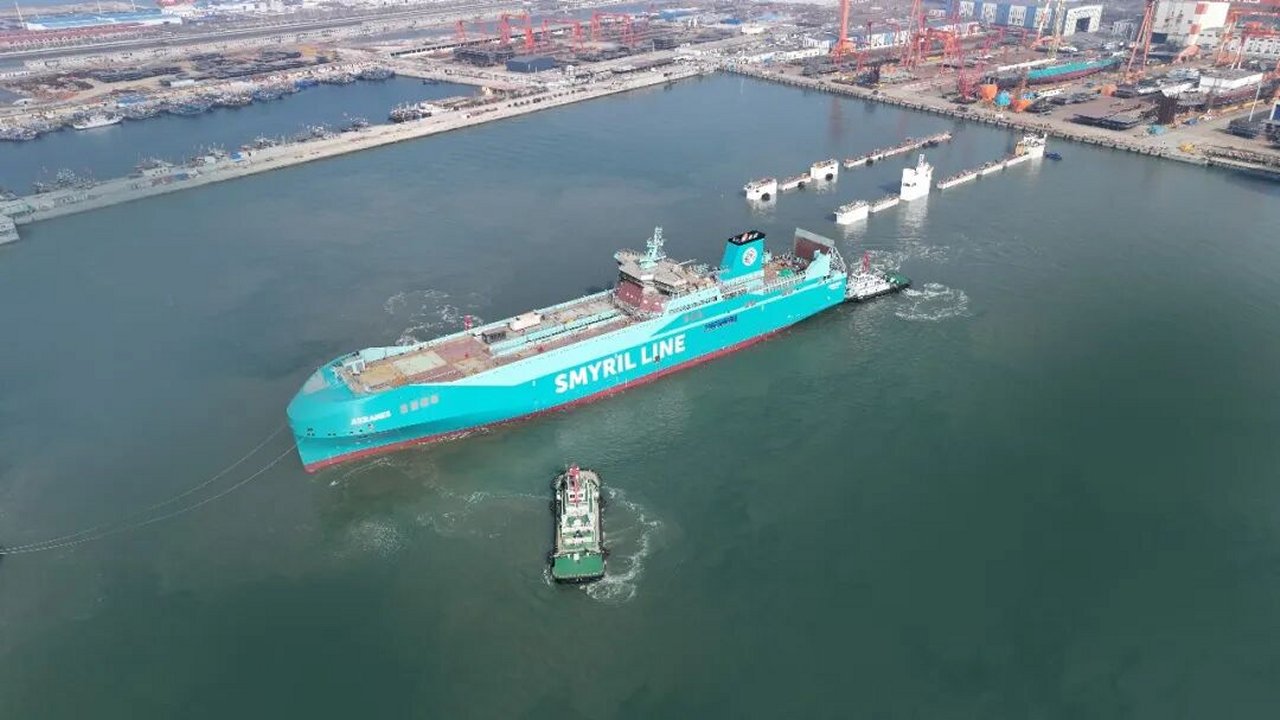 Smyril Line's methanol-ready ro-ro following launch at its Longkou construction base in China in February 2026.