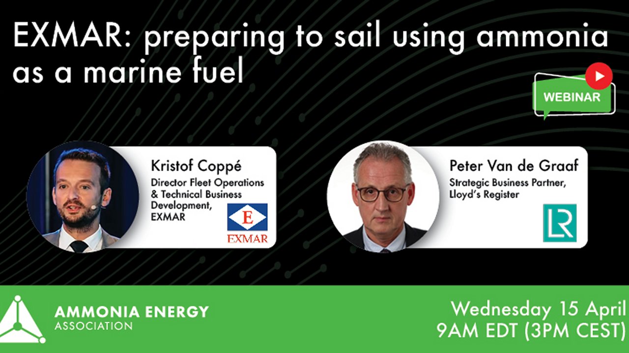 Graphic for webinar 'Exmar: preparing to sail using ammonia as a marine fuel', 15 April 2026.