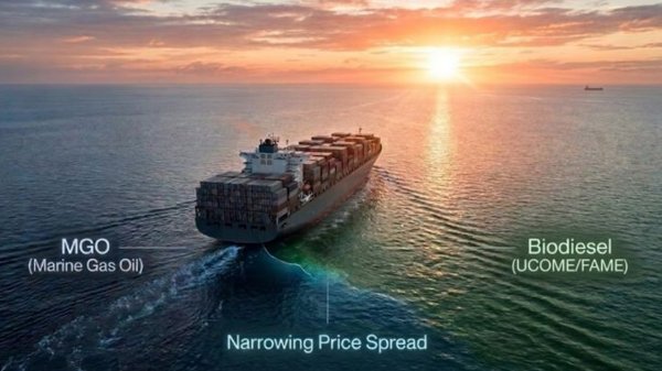 Photograph of ship with overlaid text showing narrowing MGO-biodiesel price spread.