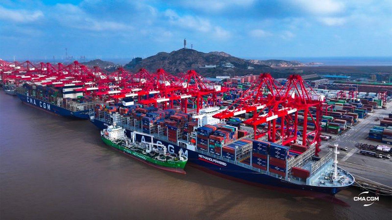 CMA CGM vessel with bunker delivery tanker alongside.