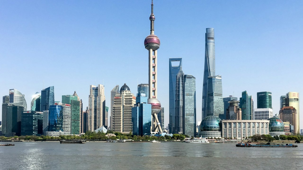 Phograph of Shanghai skyline with Oriental Pearl Tower in centre.