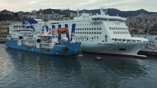 Photograph of the GNV Aurora ferry's first LNG bunkering in Genoa, in March 2026, with delivery tanker Green Zeebrugge alongside.