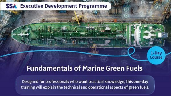 Graphic promoting Singapore Shipping Association marine green fuels training course.
